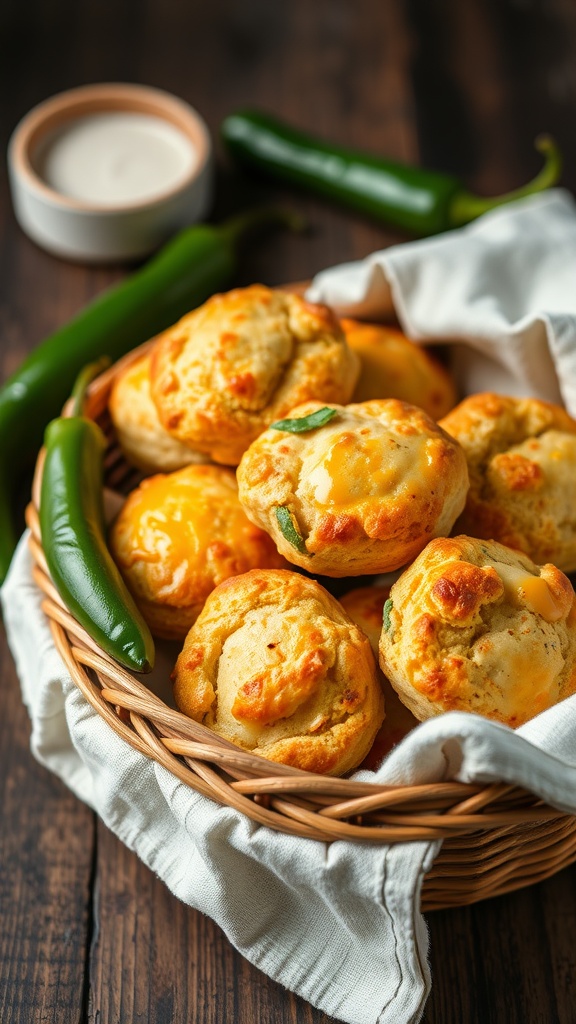 A basket filled with cheesy jalapeño keto biscuits, surrounded by fresh jalapeños.