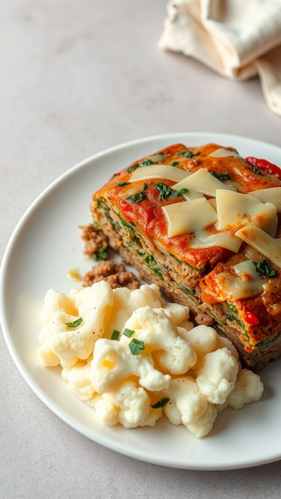 A slice of cheesy spinach meatloaf with a side of cauliflower.