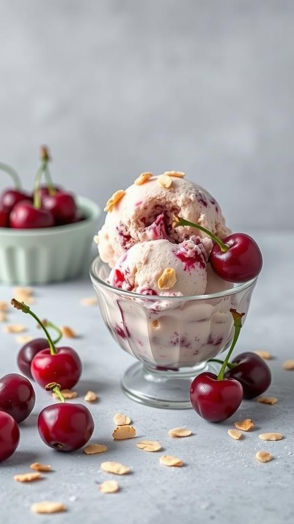 Bowl of Cherry Almond Keto Ice Cream with cherries and almonds