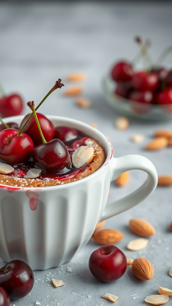 A white cup filled with cherry almond keto mug cake topped with fresh cherries and almond slices, surrounded by almonds and cherries.