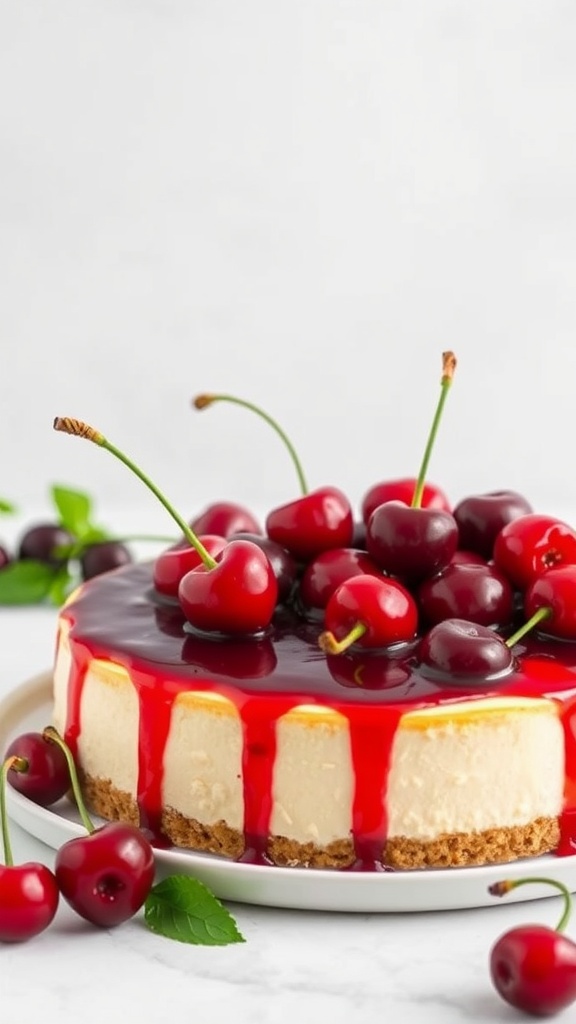 A delicious Cherry Topped Keto Cheesecake with a glossy cherry topping and fresh cherries on top.