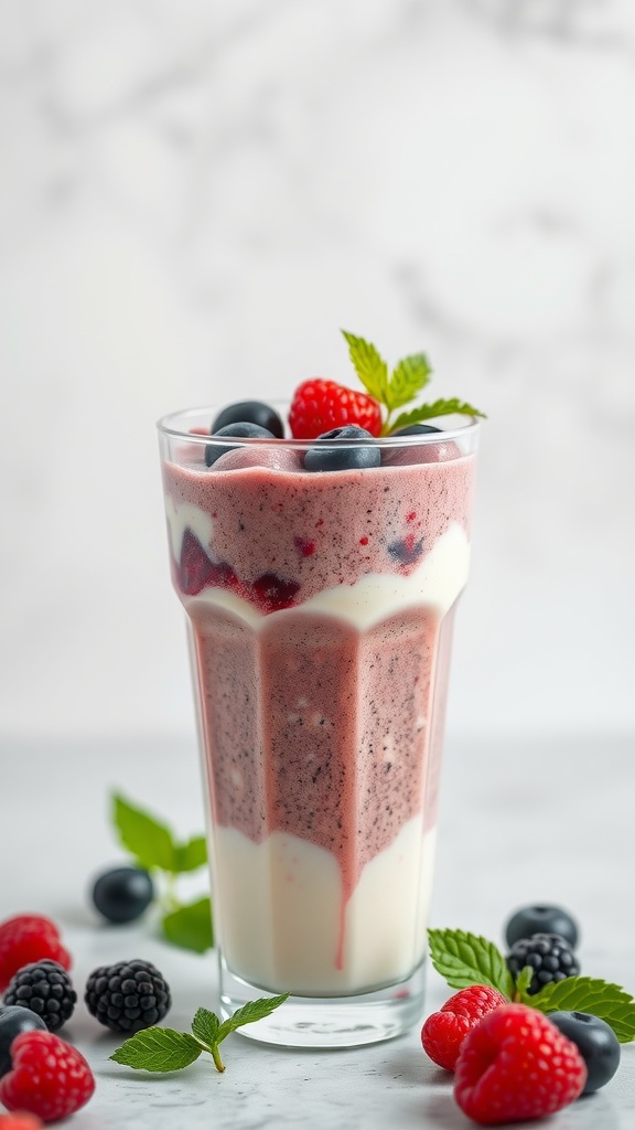 A delicious chia, berry, and yogurt smoothie in a glass, topped with fresh berries and mint leaves.