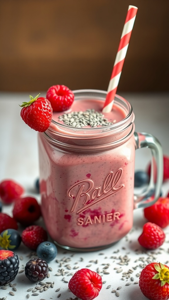 Chia seed and berry smoothie in a jar with a straw and fresh berries around it.