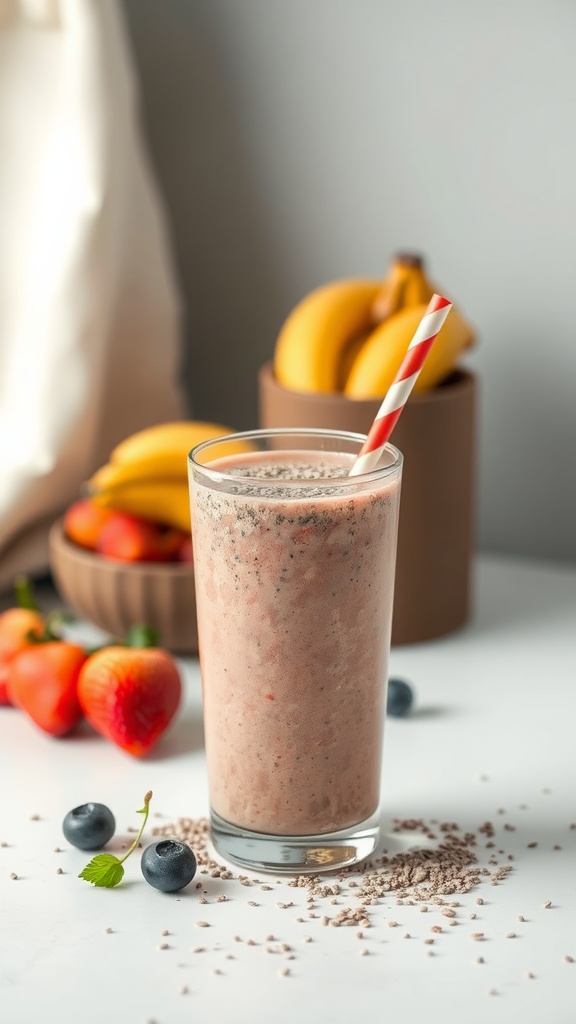 A refreshing chia seed breakfast fiber smoothie in a glass with berries and a banana in the background.