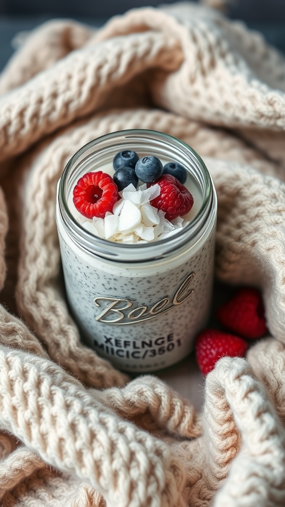 Chia seed pudding topped with coconut flakes and berries.