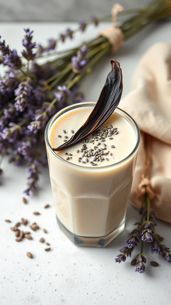A glass of Chia Seed Vanilla Comfort smoothie with chia seeds and vanilla flavor.