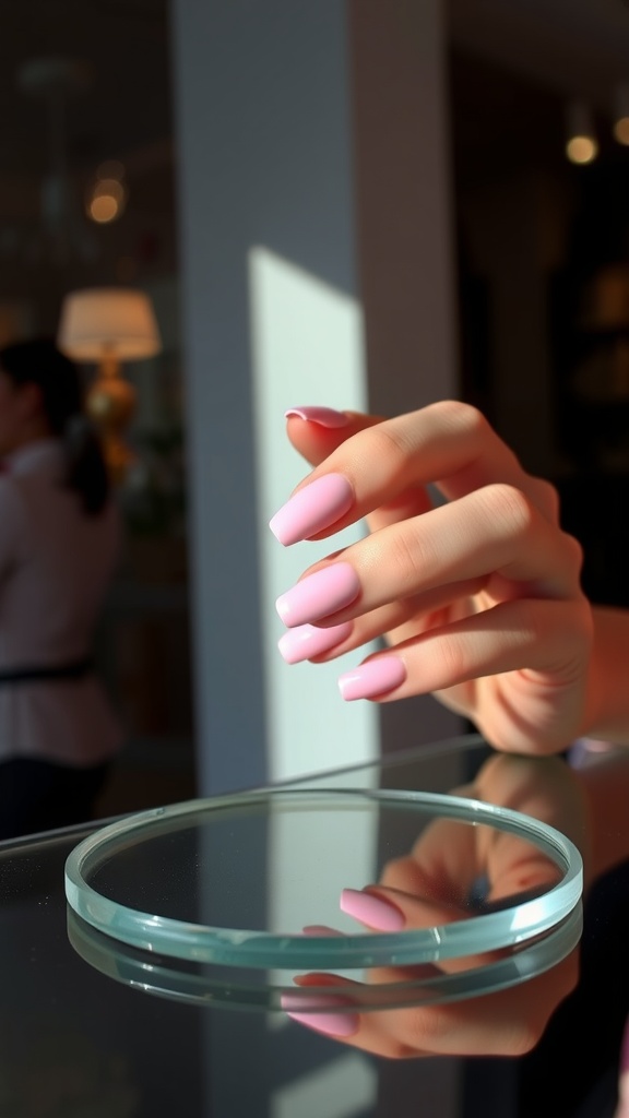 A hand with baby pink French tip nails resting on a glass surface.
