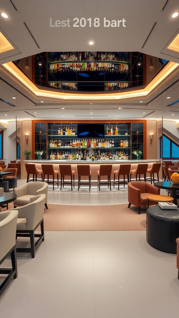 Interior view of a luxurious yacht bar area with stylish seating and a well-stocked bar.