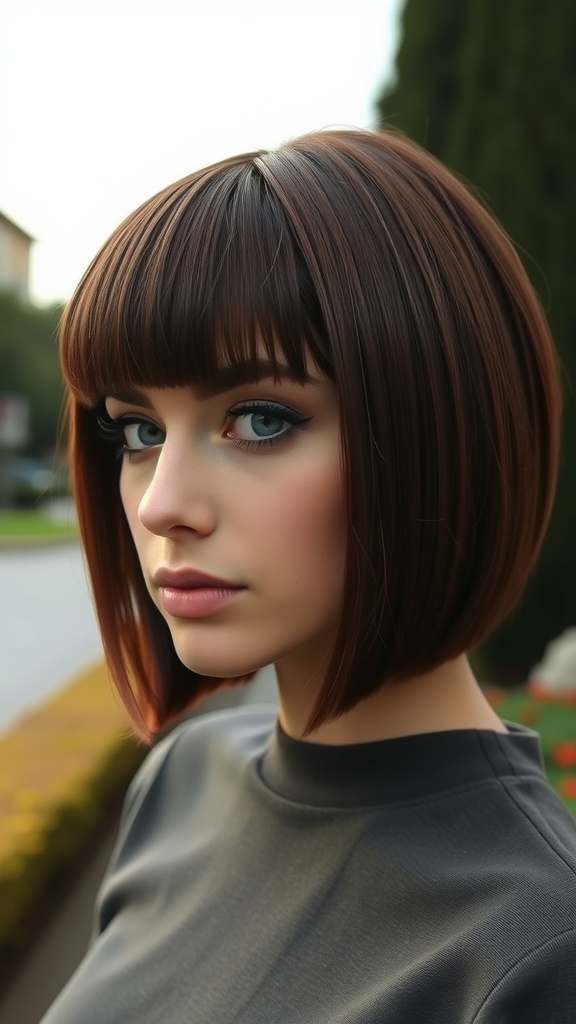 A woman with a chic bob hairstyle and blunt bangs, showcasing a sleek and trendy look.