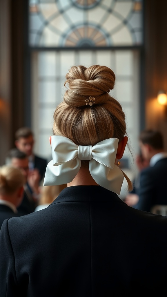 A chic bow bun hairstyle featuring a large white bow and elegant accessories.
