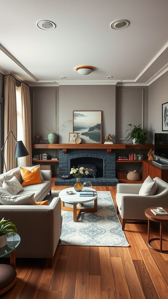A cozy living room featuring soft neutral colors with pops of orange, showcasing a chic and timeless design.