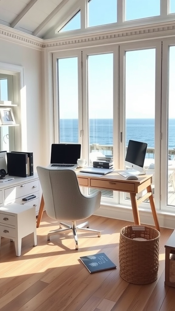 Bright and cozy beach house home office with ocean view.