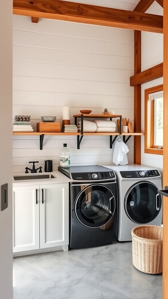 Modern laundry room with black appliances, wooden shelves, and a stylish basket.