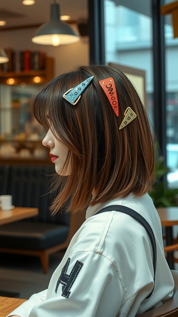 A woman with a chic lob hairstyle, featuring colorful hair clips, sitting in a cafe.