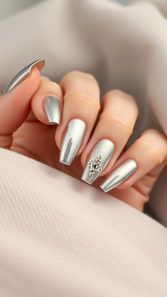 Stylish metallic silver nails with an accent design.