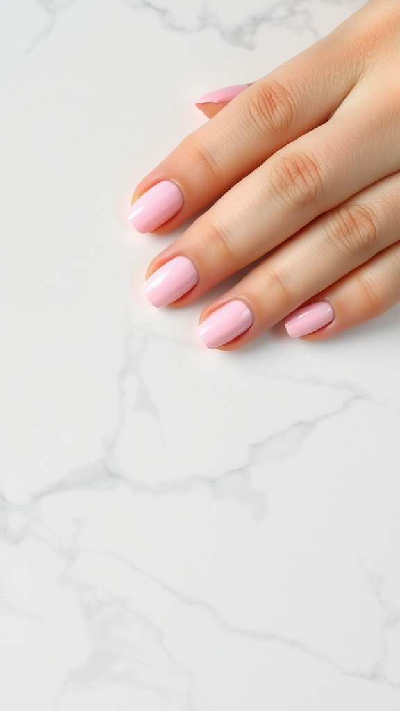A close-up of a hand with pink nails featuring chic minimalist stripes on a marble background.
