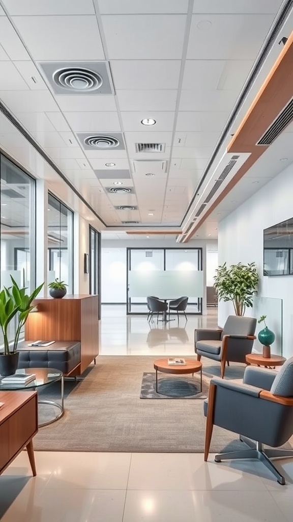 Modern office reception area with stylish furniture and plants