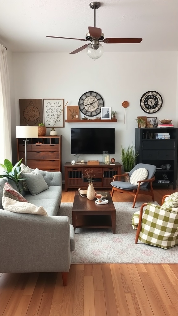 A stylish living room with various thrifted furniture and decor items.