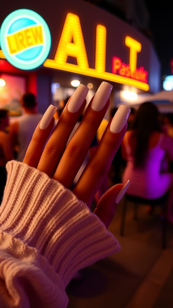 A hand with white chrome nails in front of a vibrant night scene.