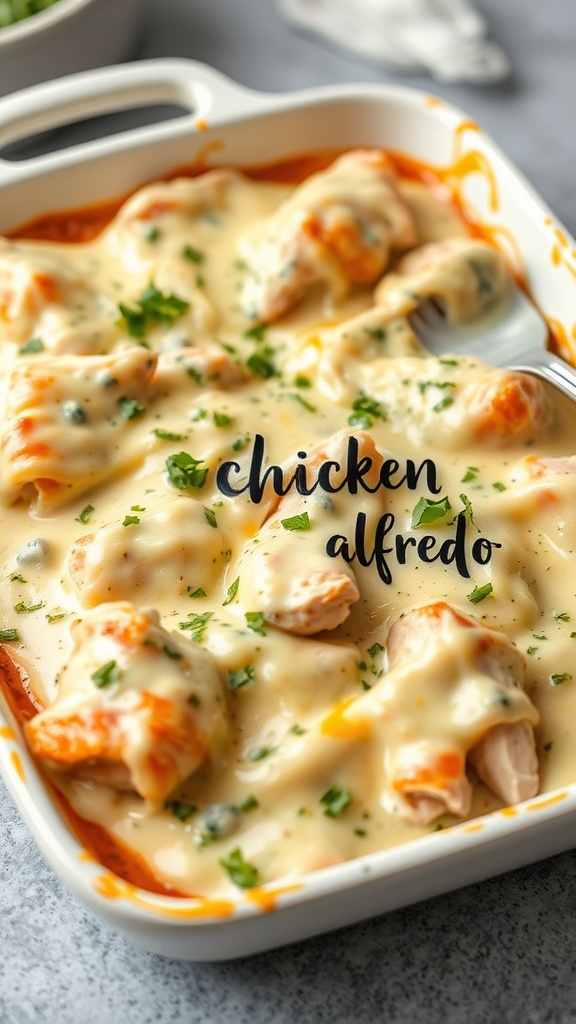 A delicious Chicken Alfredo Casserole dish topped with creamy sauce and herbs.
