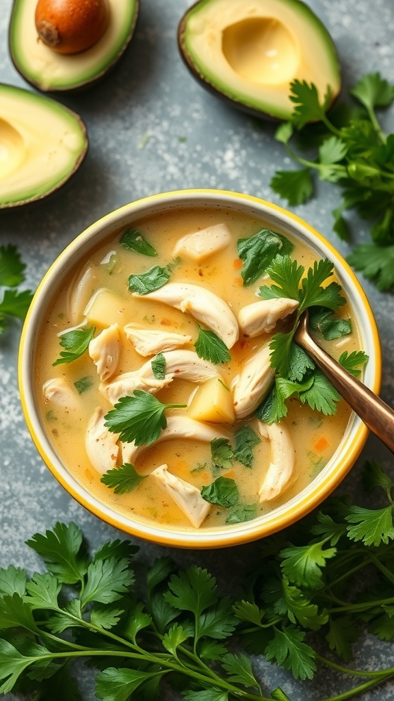 A bowl of chicken avocado soup garnished with fresh cilantro, surrounded by halved avocados and parsley.