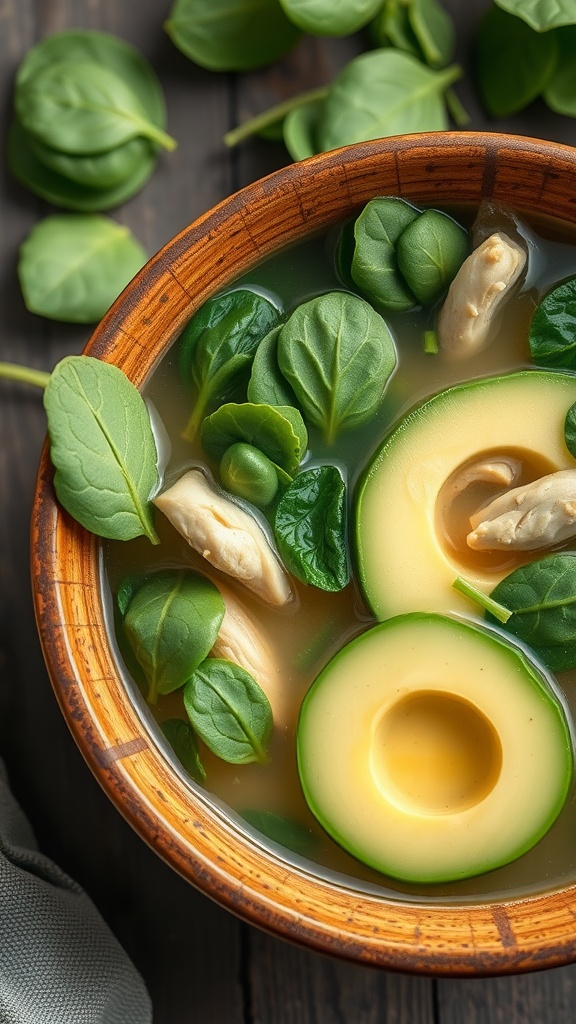 A bowl of keto chicken soup with spinach and avocado slices.
