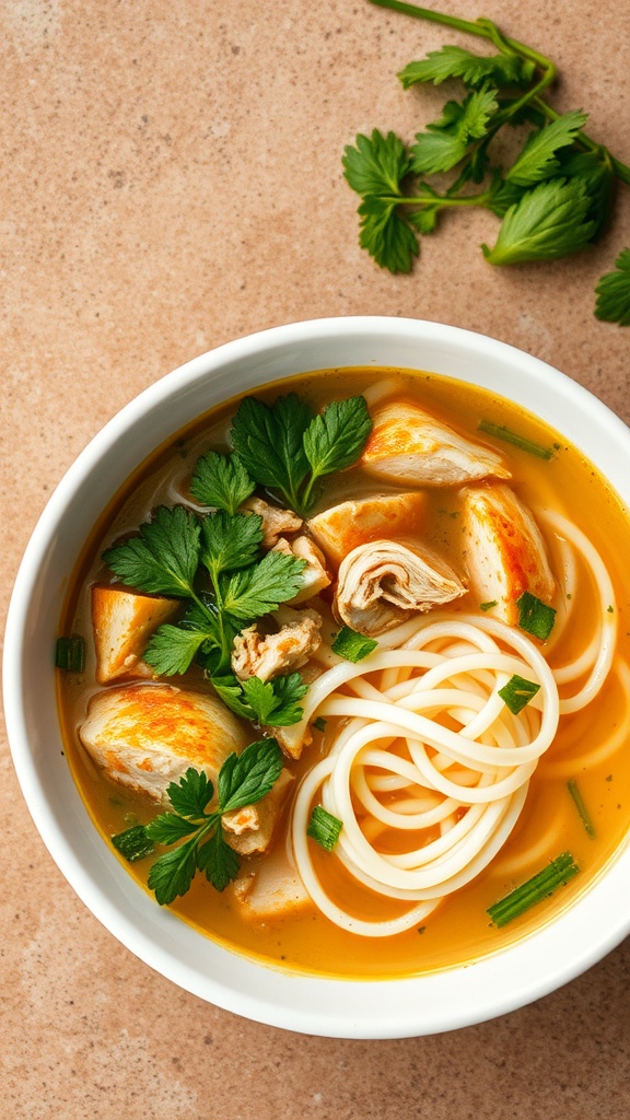A bowl of chicken noodle soup with shirataki noodles, garnished with parsley.
