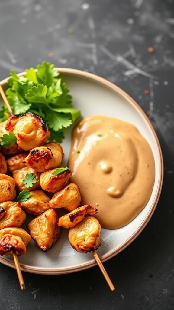 Delicious chicken satay skewers with peanut sauce