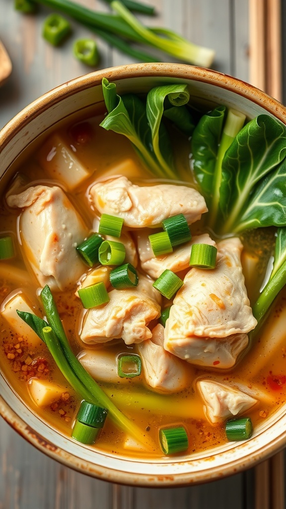 Bowl of chicken soup with bok choy and green onions
