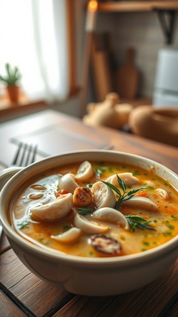 Bowl of chicken soup with roasted garlic and herbs