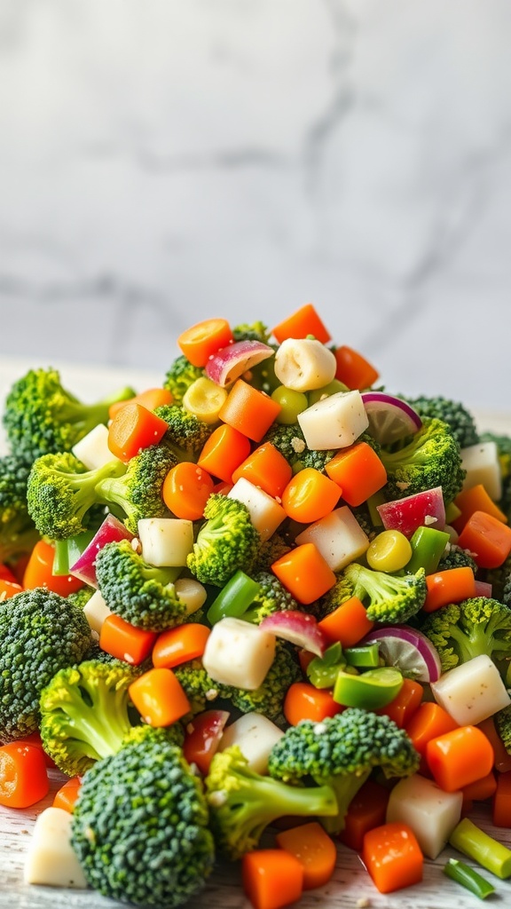 A colorful and fresh broccoli salad with carrots, bell peppers, cheese, and a creamy dressing.