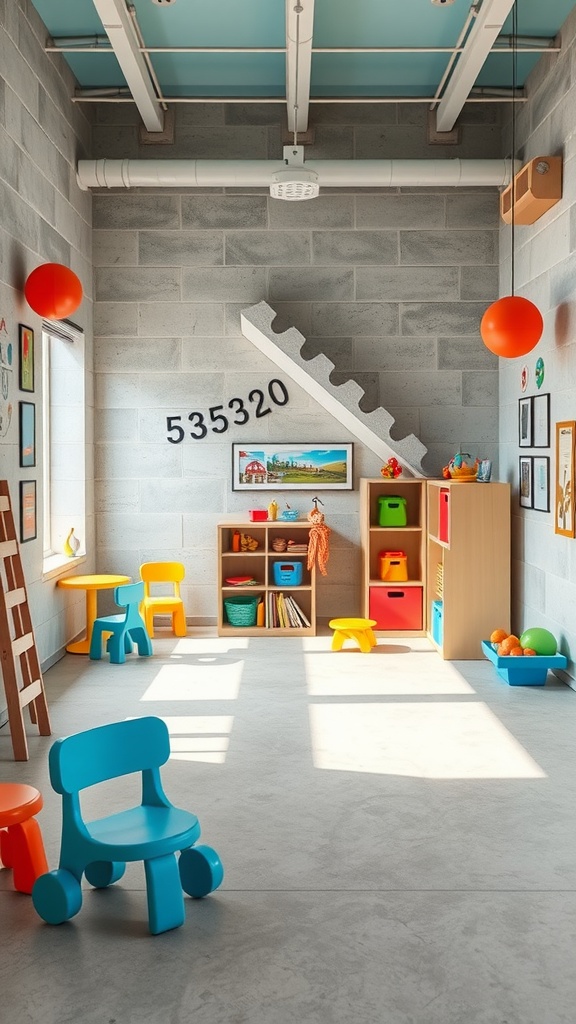 A bright, child-friendly interior with concrete walls, colorful furniture, and playful decor.