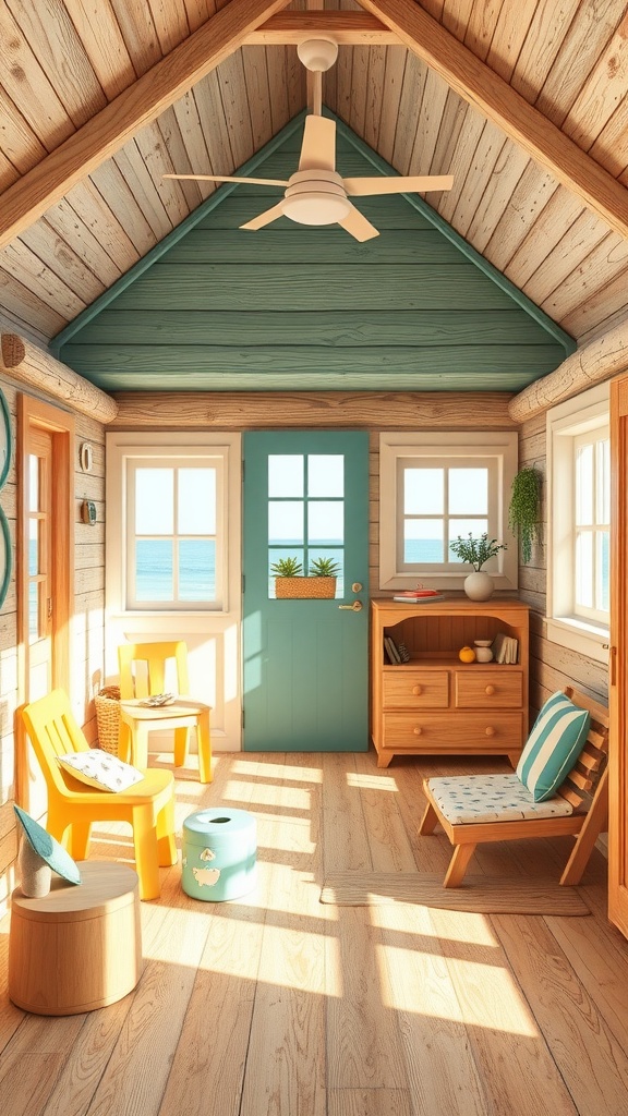 Child-friendly interior of a beach house with colorful furniture and a cozy atmosphere.