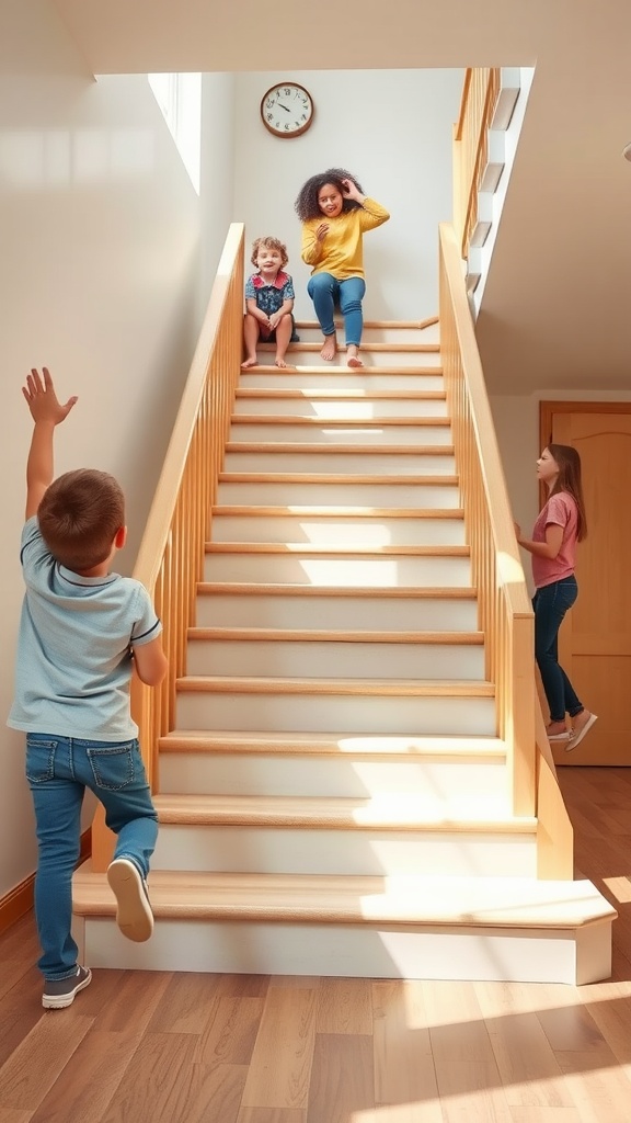 Children playing on a wooden staircase with natural lighting