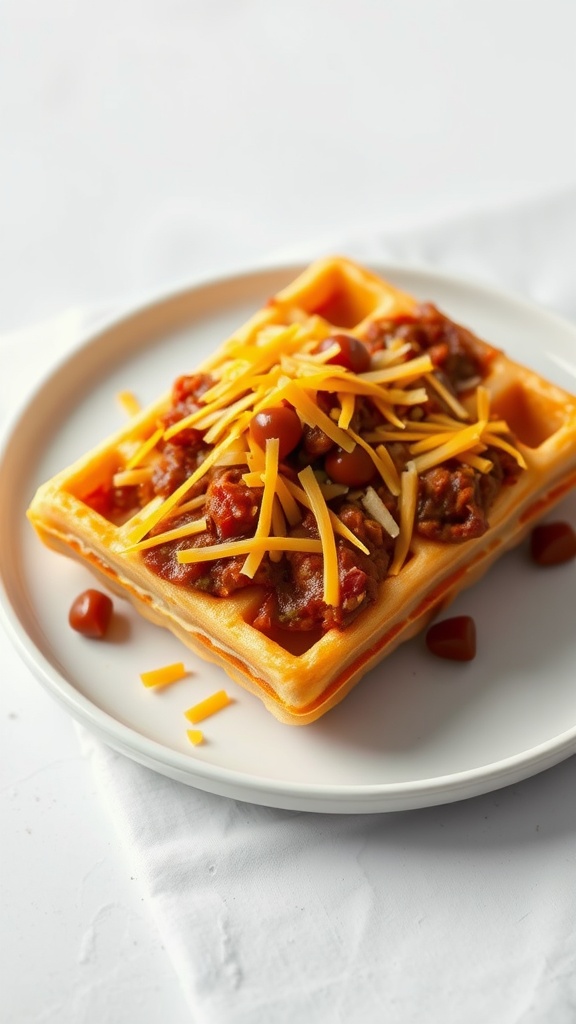 A delicious chili cheese chaffle topped with chili and shredded cheese.
