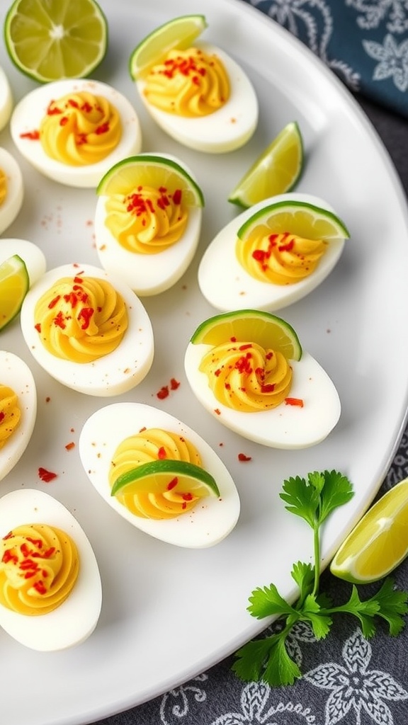Chili Lime Deviled Eggs garnished with lime slices and cilantro