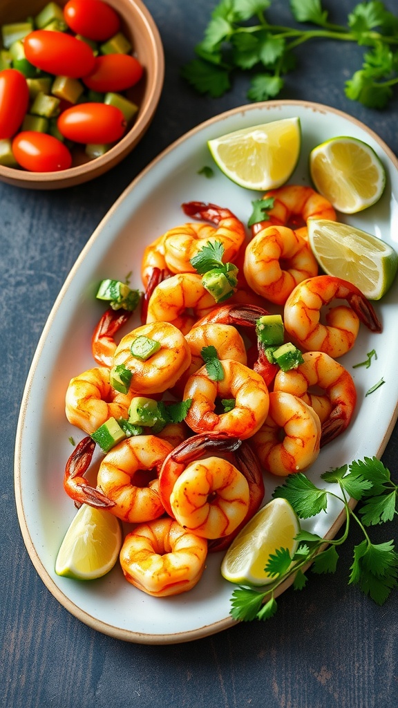 Chili lime shrimp served with avocado salsa on a white platter