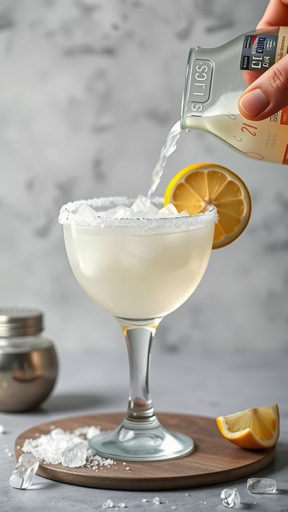 A chilled margarita glass with a salted rim, ready to be filled with a refreshing drink.