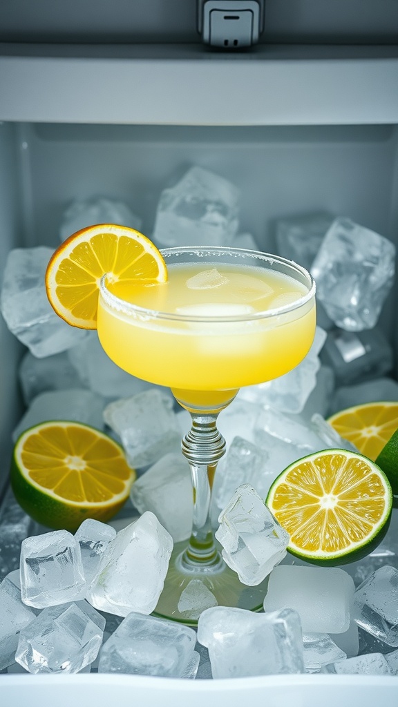 A chilled classic margarita with lime and ice in a glass.