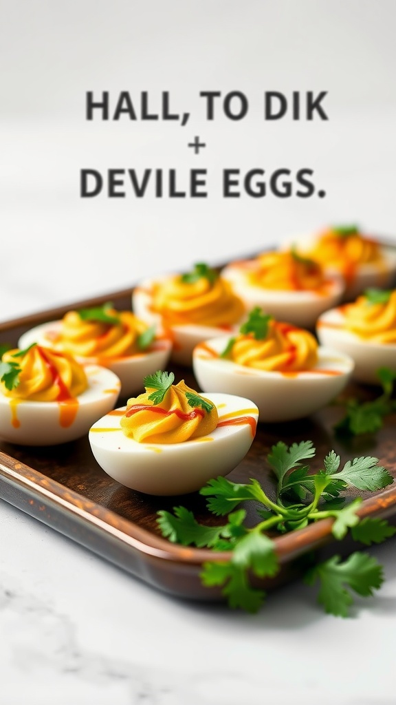 Chipotle deviled eggs with cilantro garnish on a platter