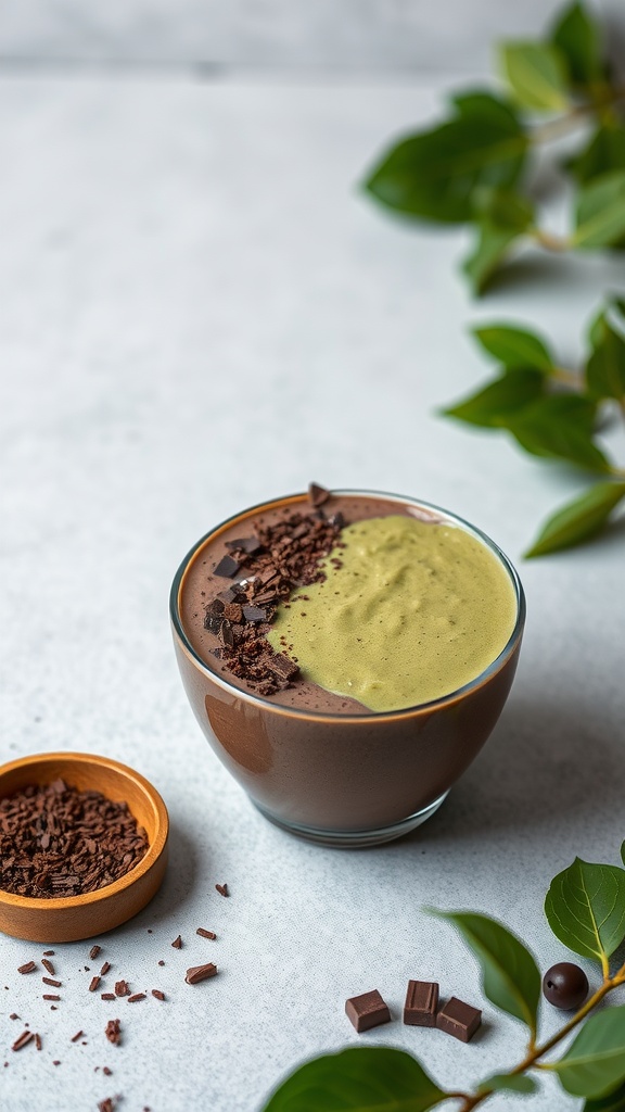 A Choco-Matcha Fusion Bowl with rich chocolate and vibrant matcha layers, topped with dark chocolate shavings