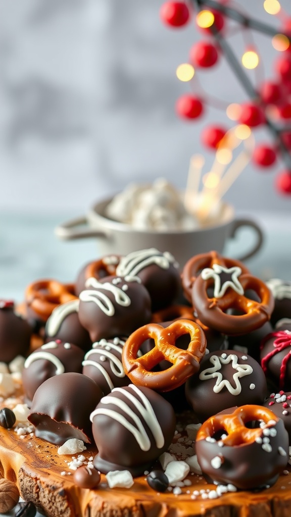 A plate of chocolate-covered pretzel bites with festive decorations.