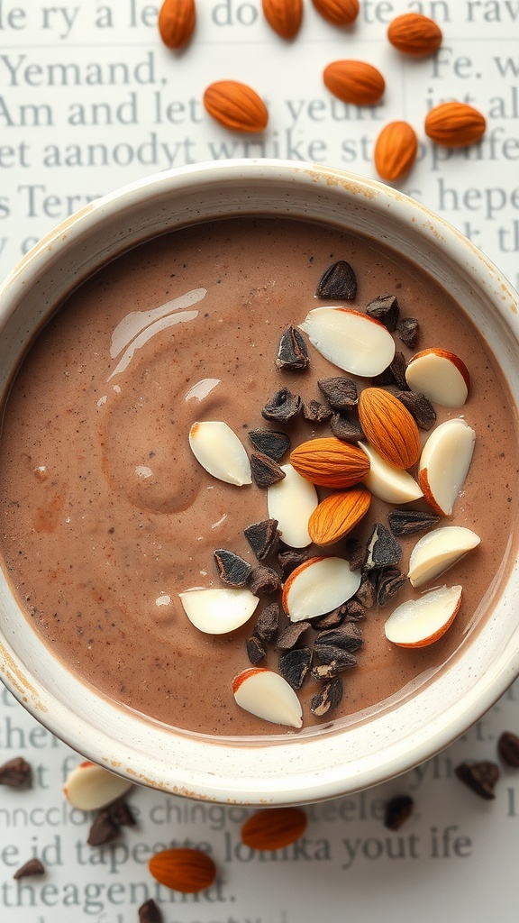 Chocolate almond smoothie bowl topped with almonds and cacao nibs