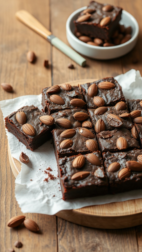 Delicious chocolate almond flour brownies topped with whole almonds.