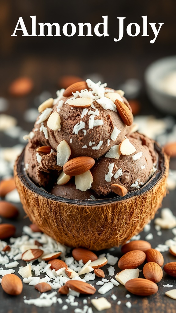 A bowl of chocolate almond ice cream topped with almonds and shredded coconut.
