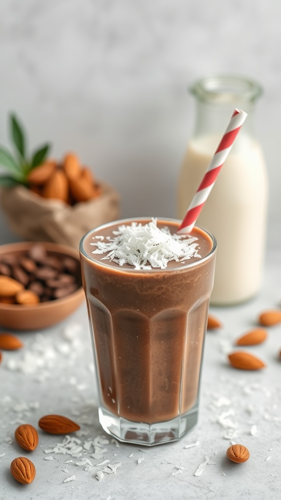 A glass of Chocolate Almond Joy Smoothie topped with shredded coconut, surrounded by almonds and chocolate.