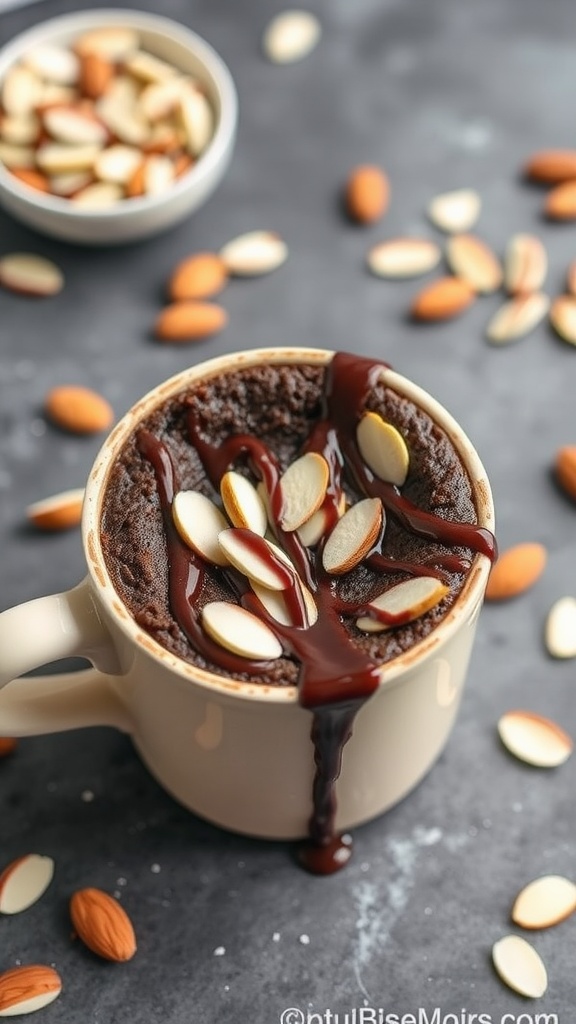 A delicious chocolate almond keto mug cake topped with sliced almonds and chocolate drizzle.