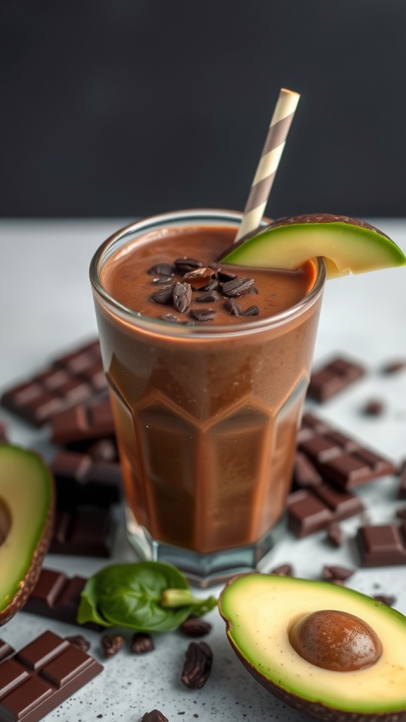 A chocolate avocado smoothie topped with cacao nibs and a slice of avocado, surrounded by chocolate pieces.