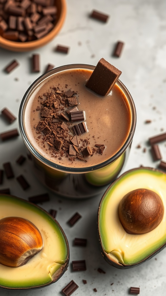A creamy chocolate avocado coffee smoothie in a glass topped with chocolate shavings and surrounded by fresh avocados.