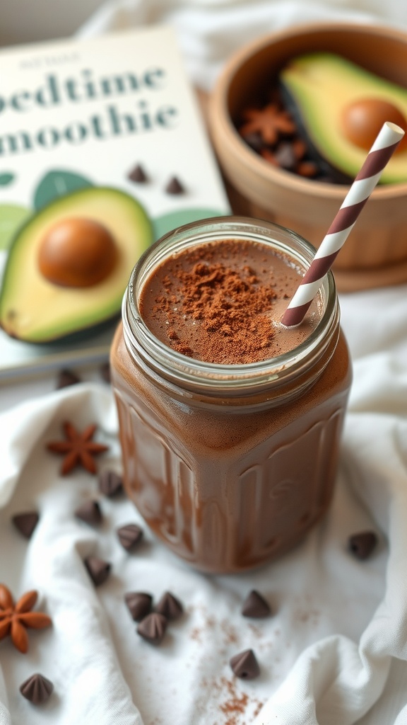 A jar of chocolate avocado smoothie with a striped straw, topped with cocoa powder.